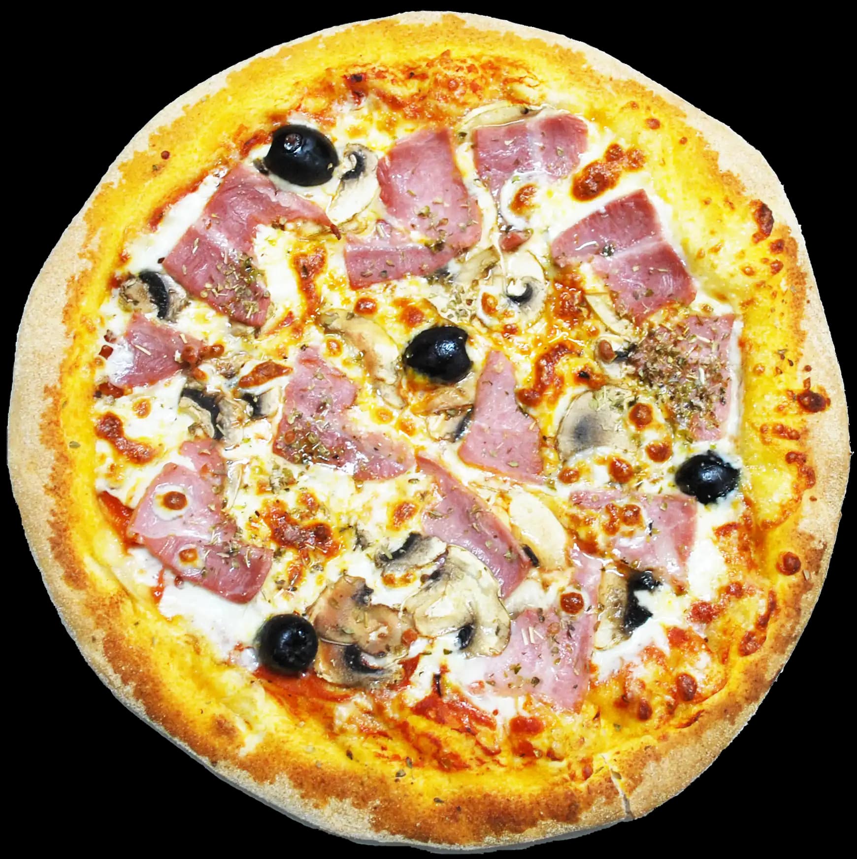 Pizza Royal de Pizza Délice vue du dessus : jambon, champignons, olives